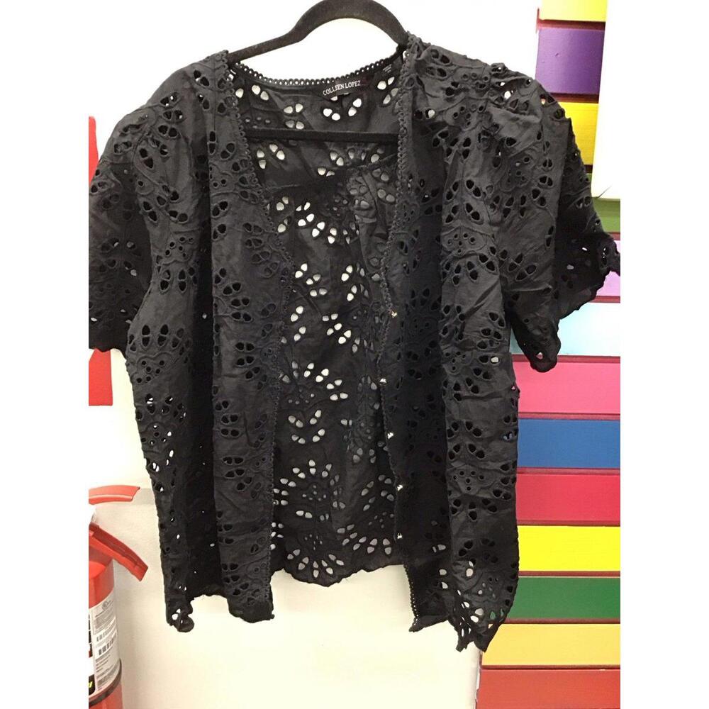 Colleen Lopez eyelet cutout short sleeve cardigan size 2X black new HSN
